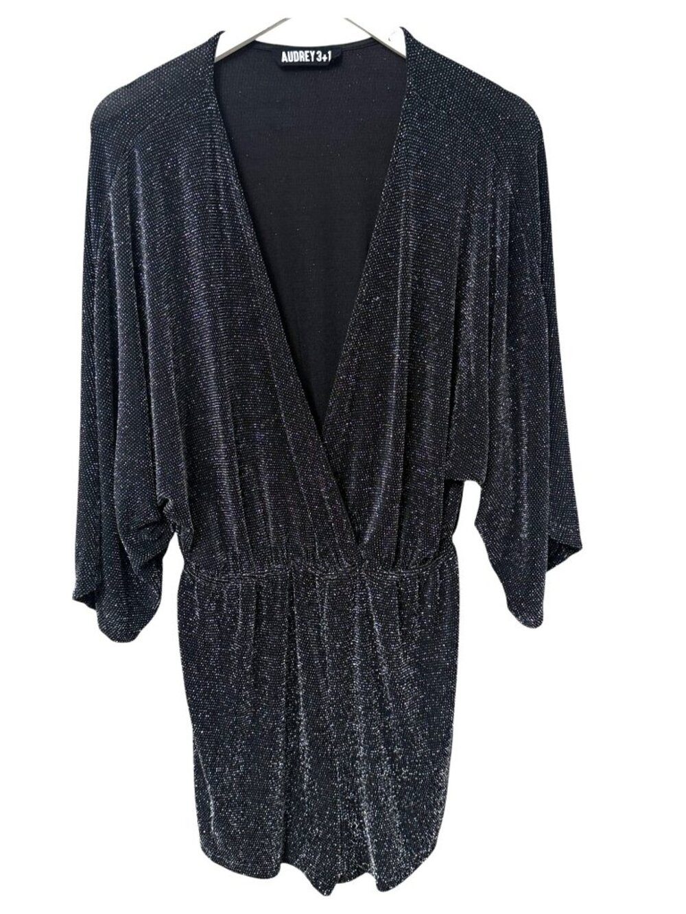 Audrey 3+1 Sparkle Romper Womens Medium Black Silver Metallic Party Mini Shorts